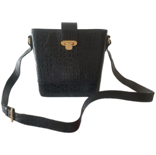 Vintage Valentino Garavani Crocodile Embossed Leather Bucket Bag in Black