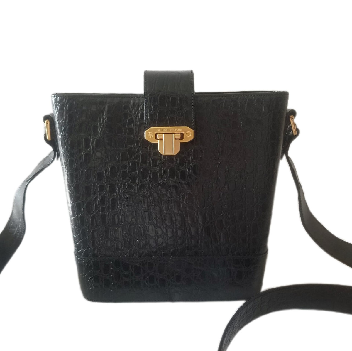 Vintage Valentino Garavani Crocodile Embossed Leather Bucket Bag in Black