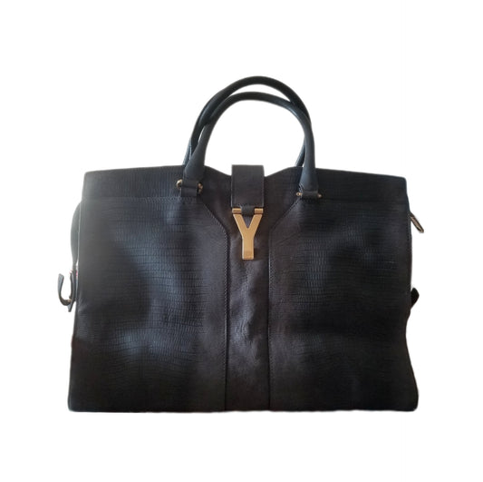 Yves Saint Laurent Cabas Chyc Y Lizard Embossed Leather Tote Bag in Dark Grey