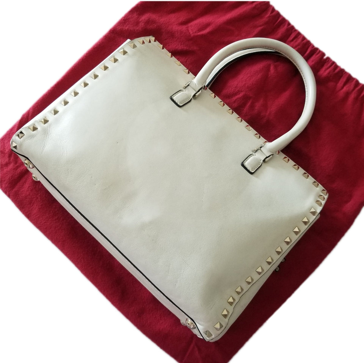 Preloved Valentino Garavani Rockstud Leather Tote Bag in White