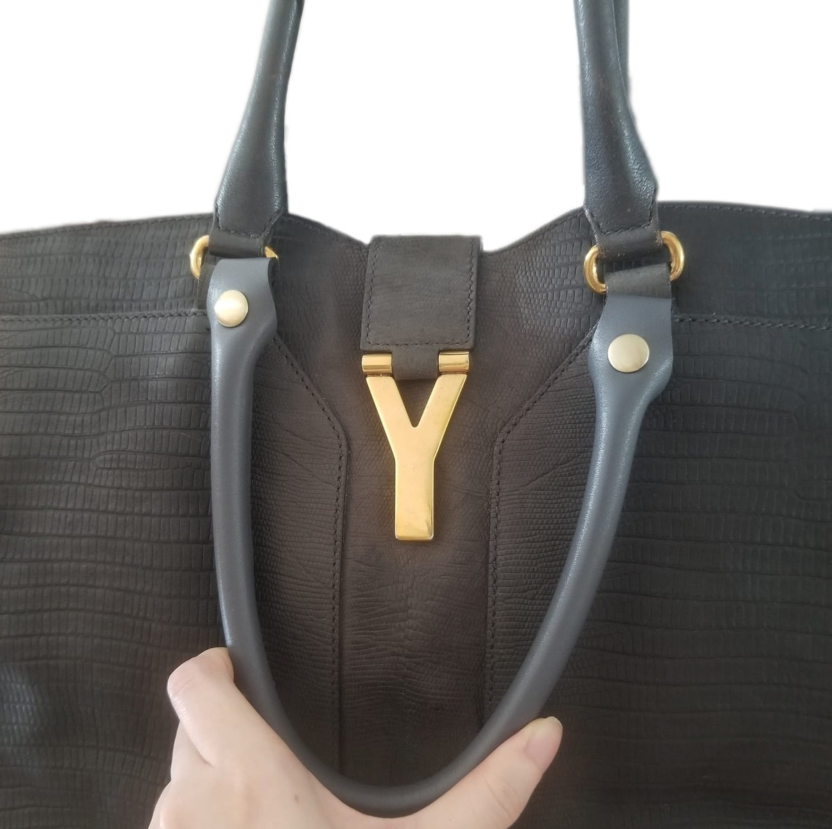 Preloved Yves Saint Laurent Cabas Chyc Y Lizard Embossed Leather Tote Bag in Dark Grey