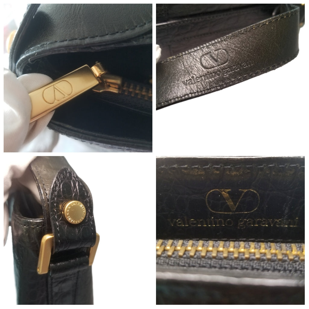 Vintage Valentino Garavani Crocodile Embossed Leather Bucket Bag in Black