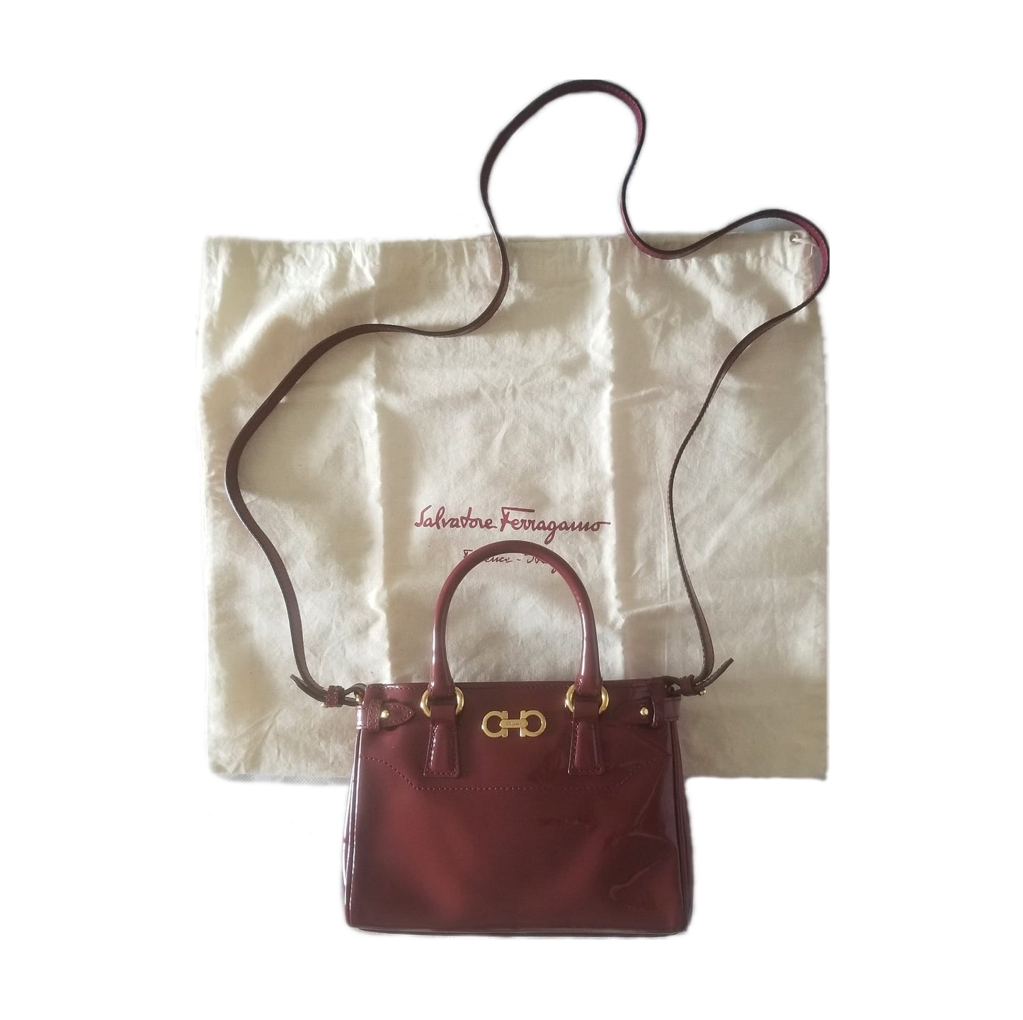 Preloved Salvatore Ferragamo Mini Gancini 2-way Leather Handbag in Burgundy/ Dark Red