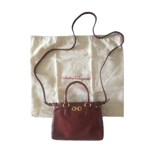 Preloved Salvatore Ferragamo Double Gancini 2-way Leather Handbag in Burgundy/ Dark Red