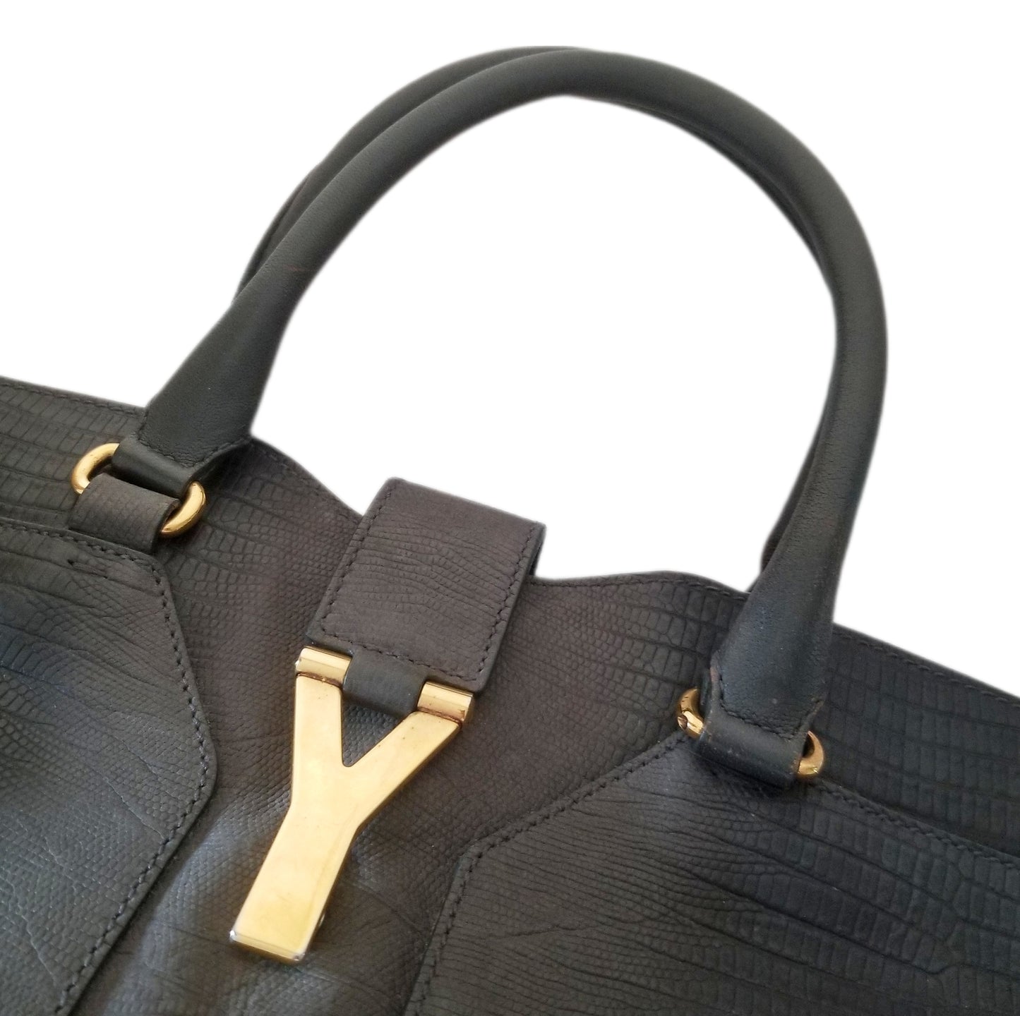 Yves Saint Laurent Cabas Chyc Y Lizard Embossed Leather Tote Bag in Dark Grey